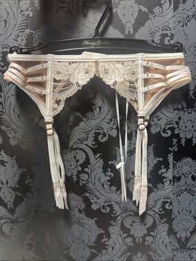 Honey Birdette Cream Lace Garter Belt with Gold Hardware